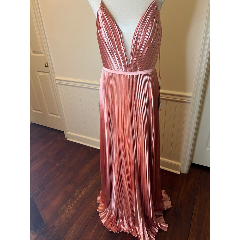 Mac Duggal 20309 Pleated Satin‎ Gown Rose Gold V-Neck Formal Dress Prom Pink 8 - Picture 7 of 16